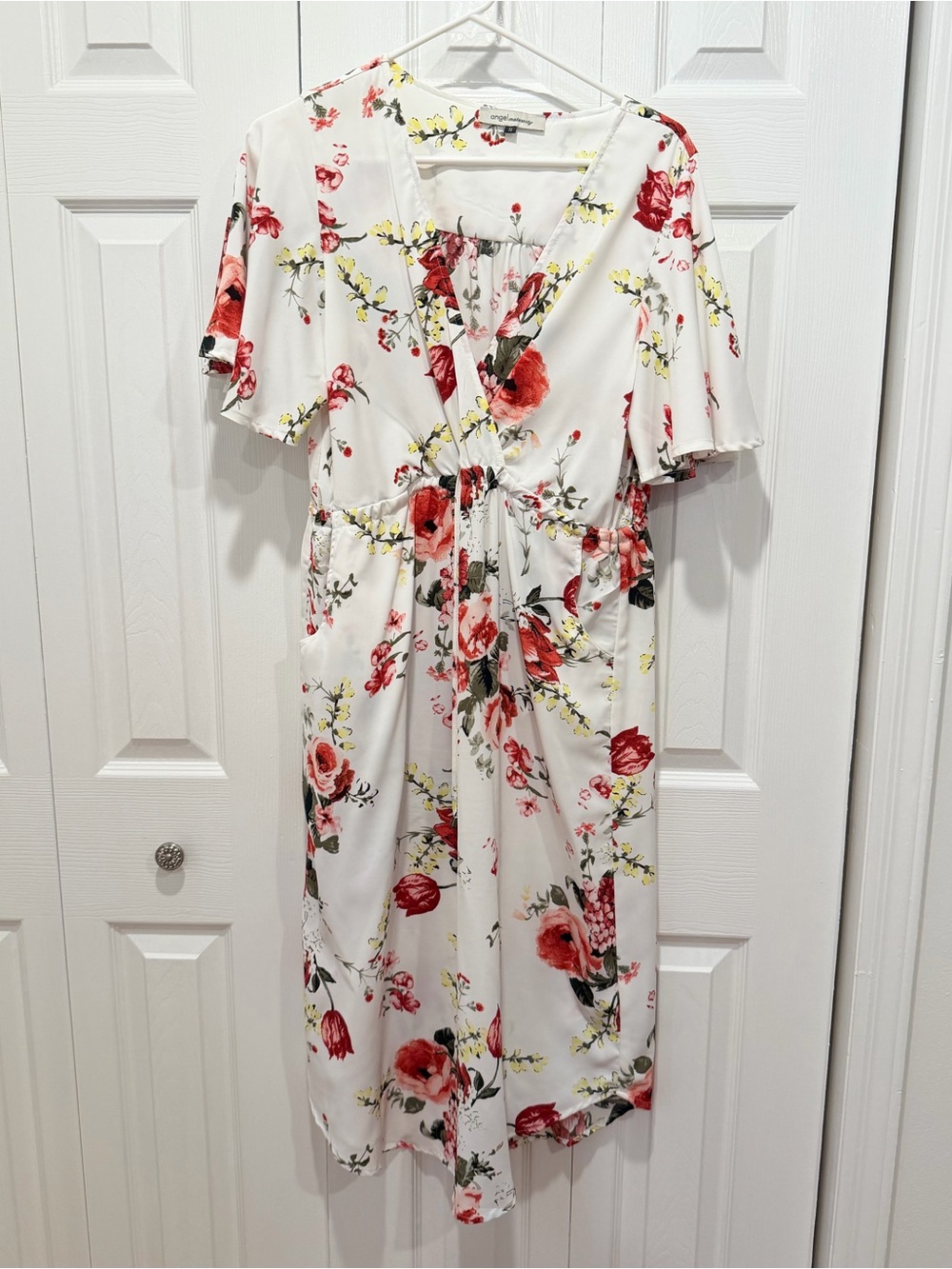 Maternity White Floral Wrap Midi Dress with Red Rose Print